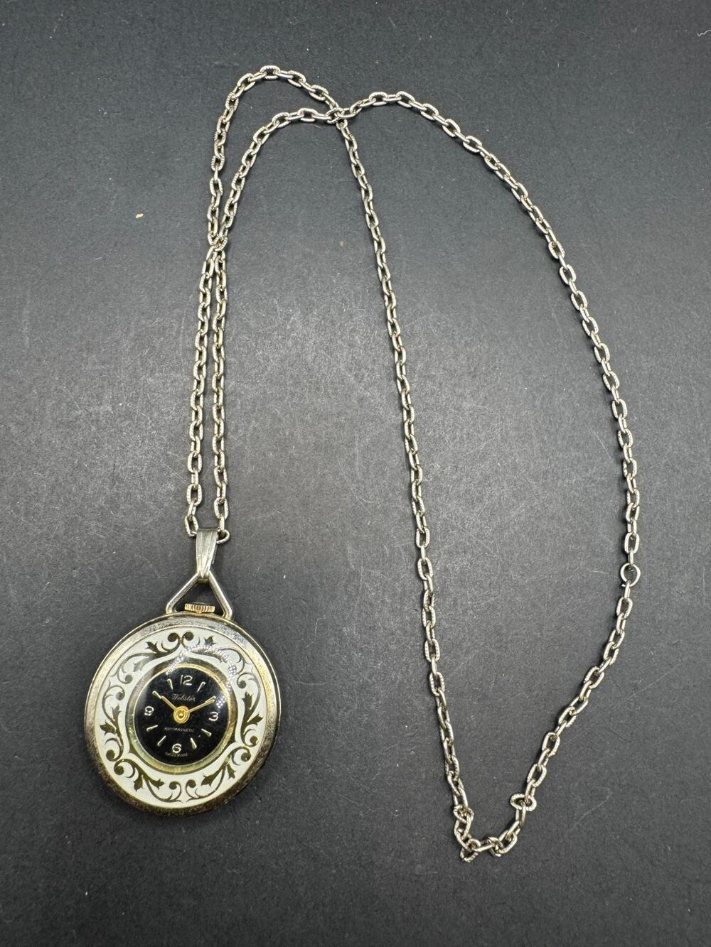 Vintage Webster SWISS Made Ladies Watch Pendant Mechanical Silver Tone 30" Chain
